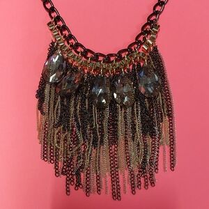 Boho Fringed Chain Black and Gold Statement Necklace